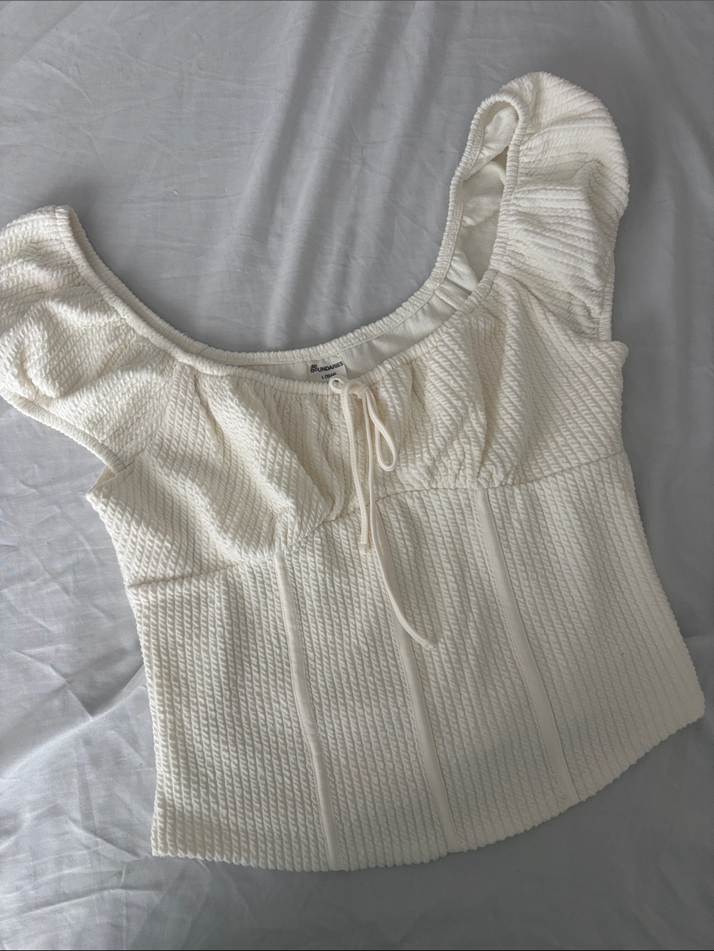 No Boundaries Cream Textured Square-Neck Crop Top with Tie